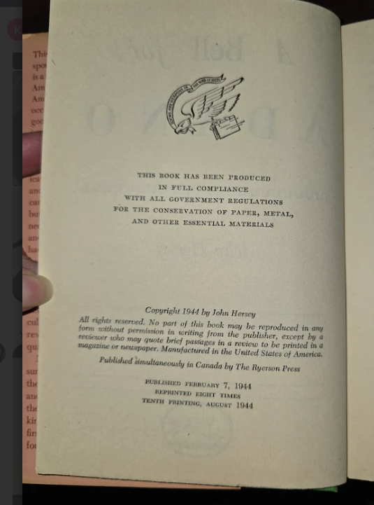 A Bell for Adano John Hersey 1944 Knopf First Edition Fourth Printing w/ Dust Jacket