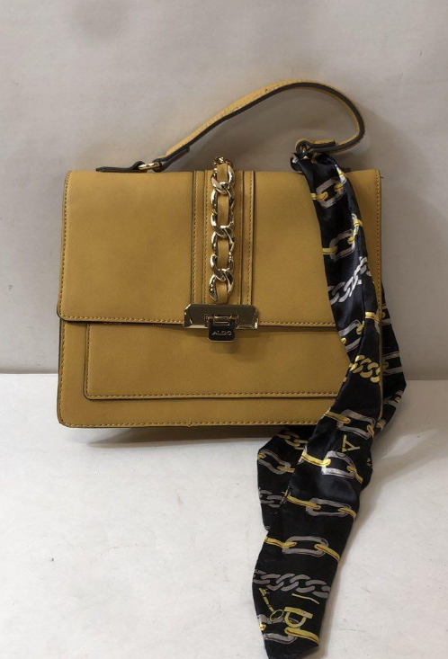 Aldo Yellow Shoulder Bag with Gold Chain Clasp and Scarf Accent Crossbody Satchel