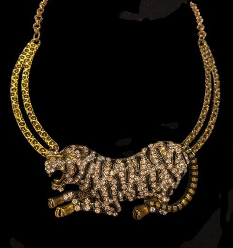 Vintage Amrita Singh Signed Tiger Necklace – Gold Tone Enamel & Rhinestone Couture Statement