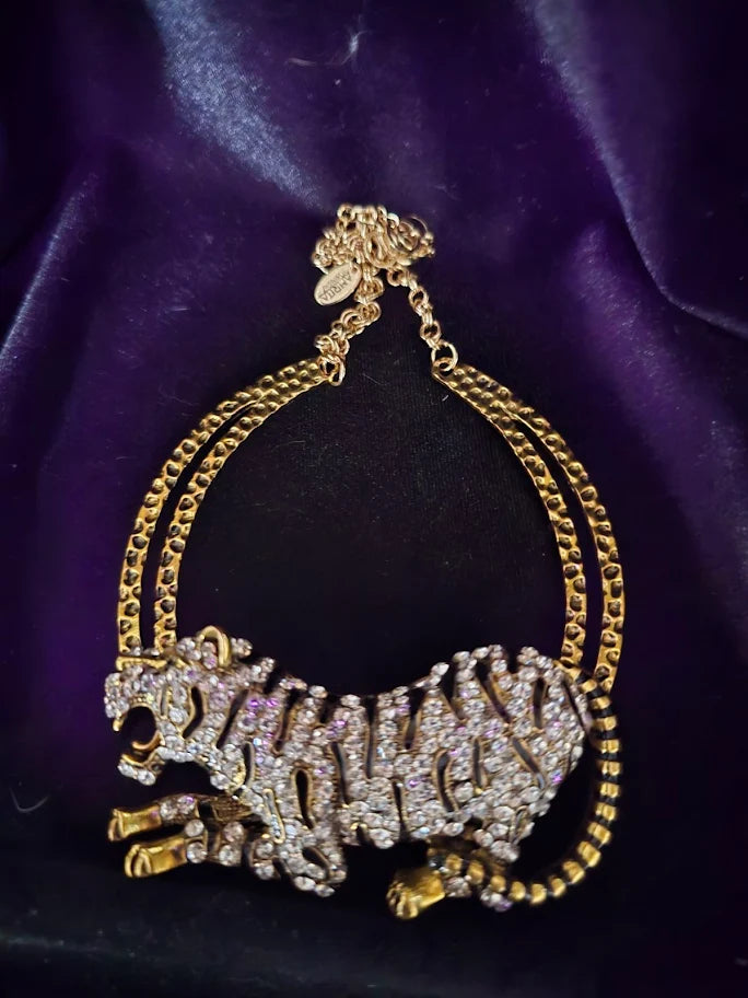 Vintage Amrita Singh Signed Tiger Necklace – Gold Tone Enamel & Rhinestone Couture Statement