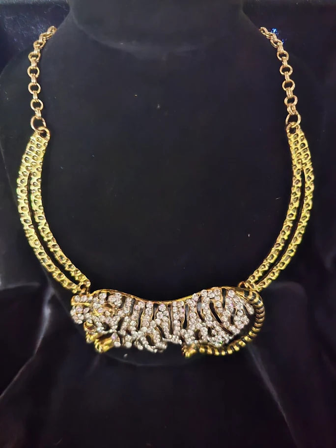 Vintage Amrita Singh Signed Tiger Necklace – Gold Tone Enamel & Rhinestone Couture Statement