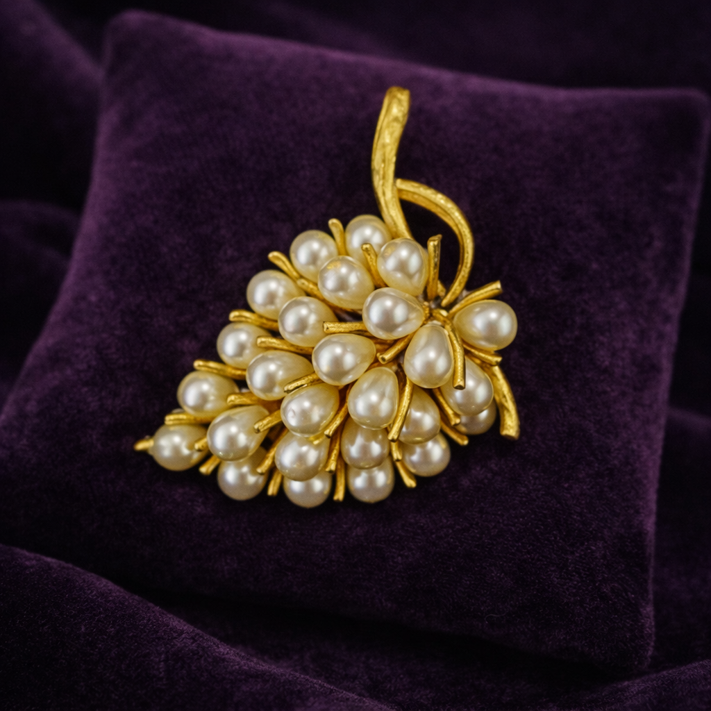 Vintage ART Pearl Grape Cluster Brooch, Gold Tone Signed Faux Pearl Fruit Pin