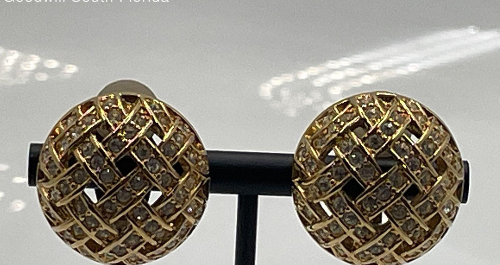 Vintage Swarovski Gold Tone Round Clip Earrings, Crystal Lattice Statement Earrings