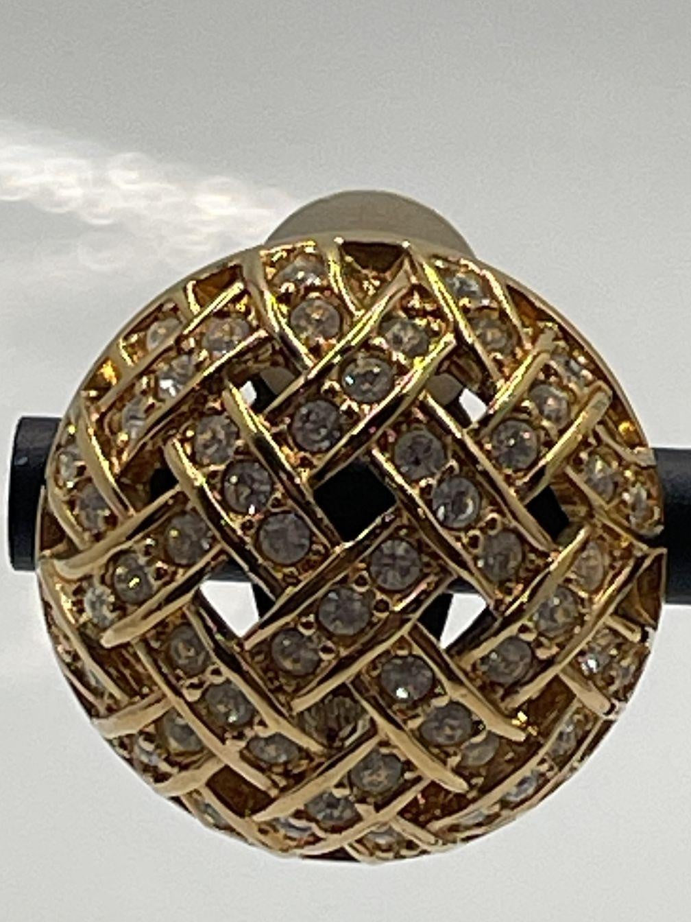 Vintage Swarovski Gold Tone Round Clip Earrings, Crystal Lattice Statement Earrings