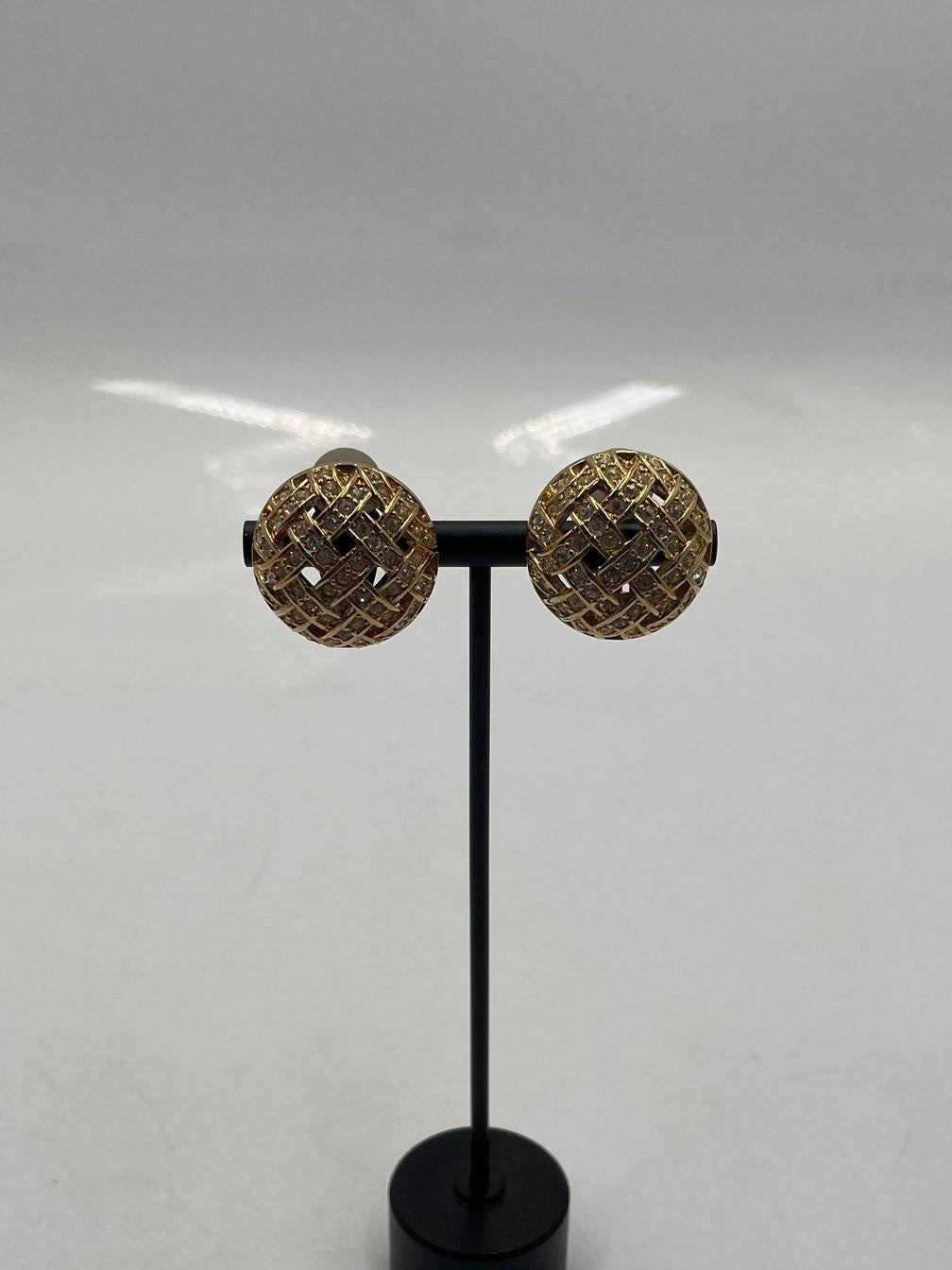 Vintage Swarovski Gold Tone Round Clip Earrings, Crystal Lattice Statement Earrings
