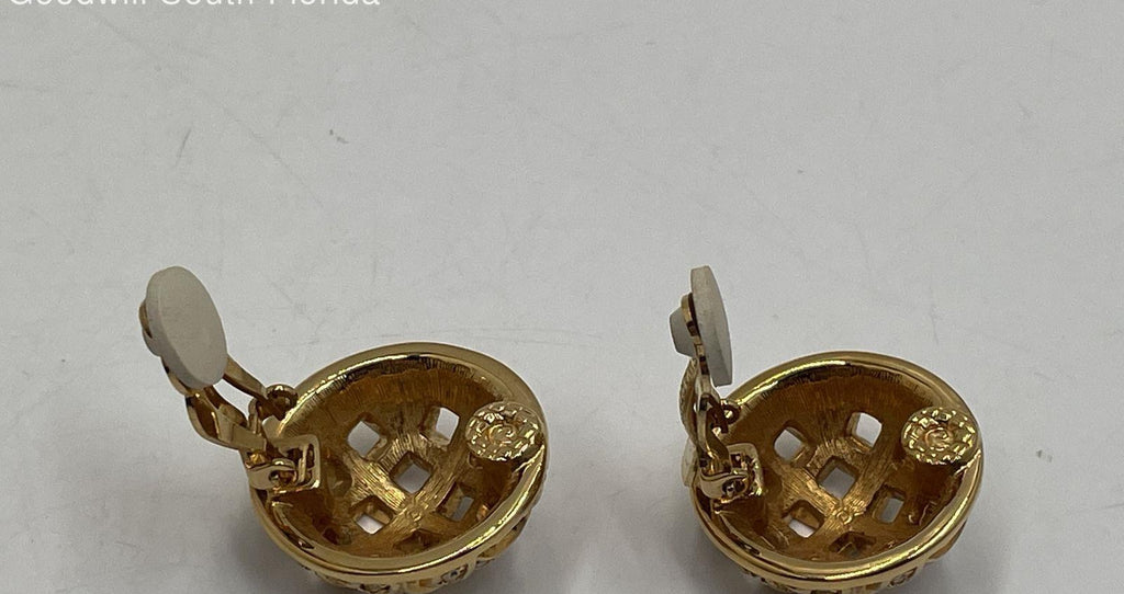 Vintage Swarovski Gold Tone Round Clip Earrings, Crystal Lattice Statement Earrings