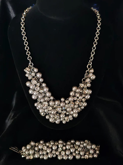 Autograph Pearl & Crystal Statement Necklace Bracelet Set, Designer Jewelry with UV Reactive Pearls