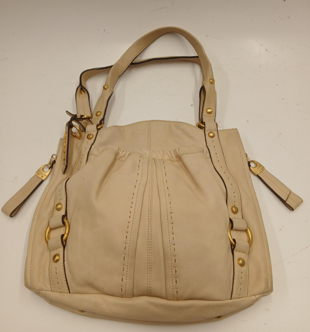(SOLD) B Makowsky Beige Leather Handbag Soft Slouchy Shoulder Bag Gold Hardware Leopard Lining