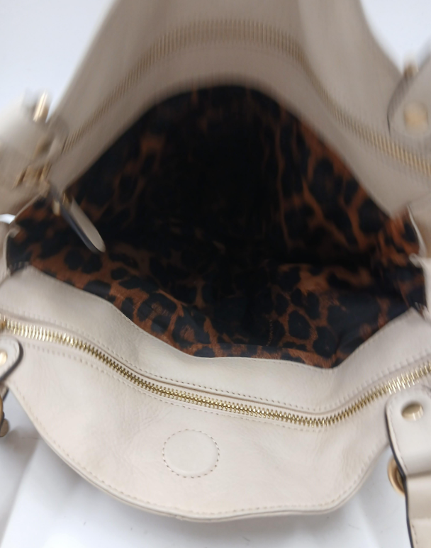 (SOLD) B Makowsky Beige Leather Handbag Soft Slouchy Shoulder Bag Gold Hardware Leopard Lining