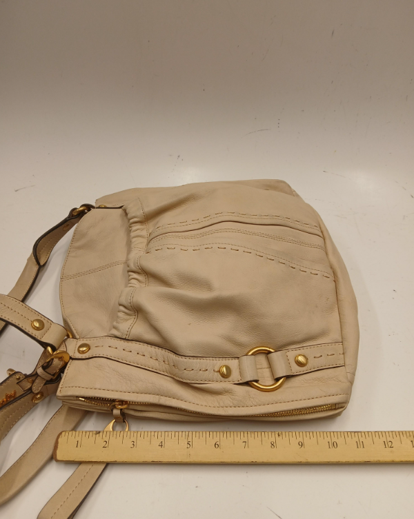 (SOLD) B Makowsky Beige Leather Handbag Soft Slouchy Shoulder Bag Gold Hardware Leopard Lining