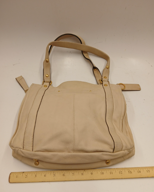 (SOLD) B Makowsky Beige Leather Handbag Soft Slouchy Shoulder Bag Gold Hardware Leopard Lining