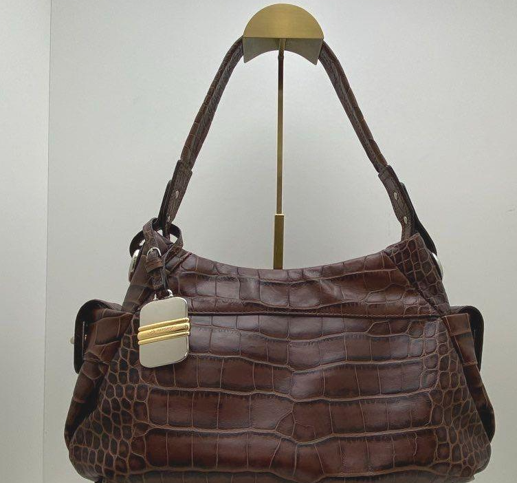 B. Makowsky Brown Croc Embossed Leather Shoulder Bag Slouchy Hobo Satin Lined