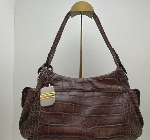 B. Makowsky Brown Croc Embossed Leather Shoulder Bag Slouchy Hobo Satin Lined