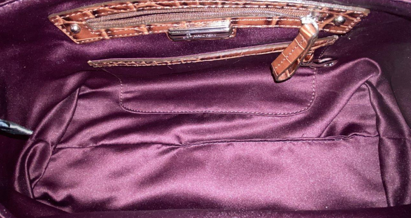 B. Makowsky Brown Croc Embossed Leather Shoulder Bag Slouchy Hobo Satin Lined