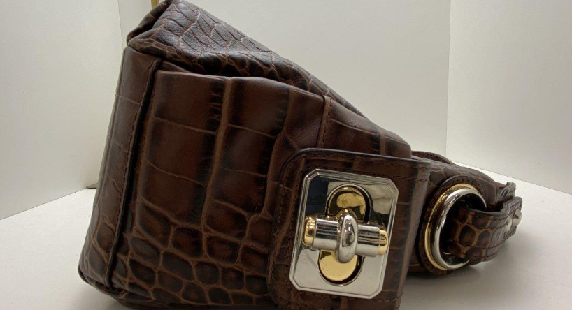 B. Makowsky Brown Croc Embossed Leather Shoulder Bag Slouchy Hobo Satin Lined