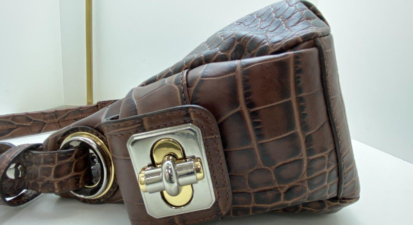 B. Makowsky Brown Croc Embossed Leather Shoulder Bag Slouchy Hobo Satin Lined