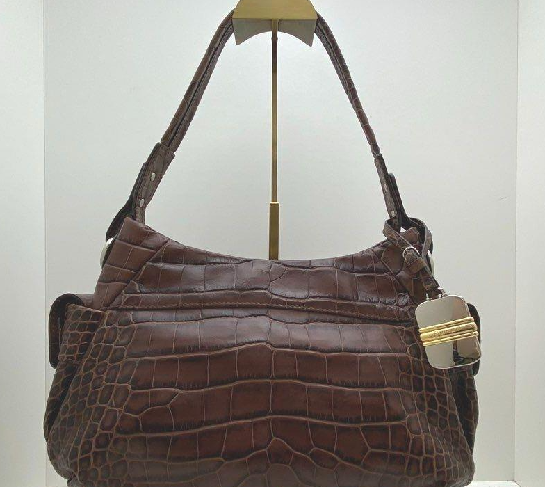 B. Makowsky Brown Croc Embossed Leather Shoulder Bag Slouchy Hobo Satin Lined