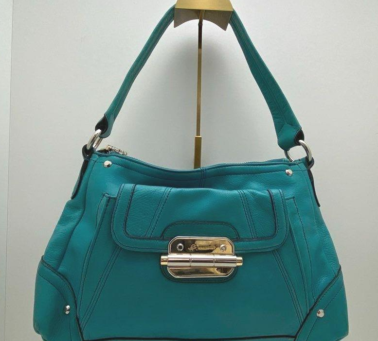 (SOLD) B. Makowsky Turquoise Leather Hobo Bag Plum Satin Interior Shoulder Bag Statement Color