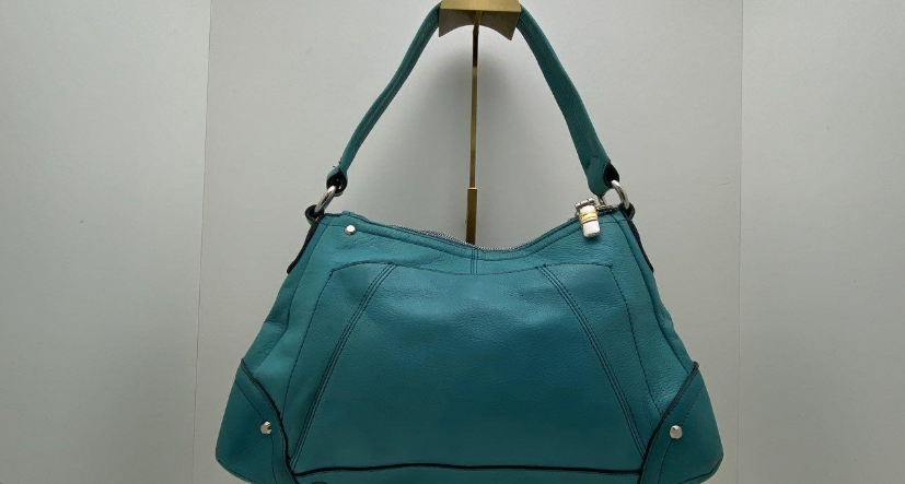 (SOLD) B. Makowsky Turquoise Leather Hobo Bag Plum Satin Interior Shoulder Bag Statement Color