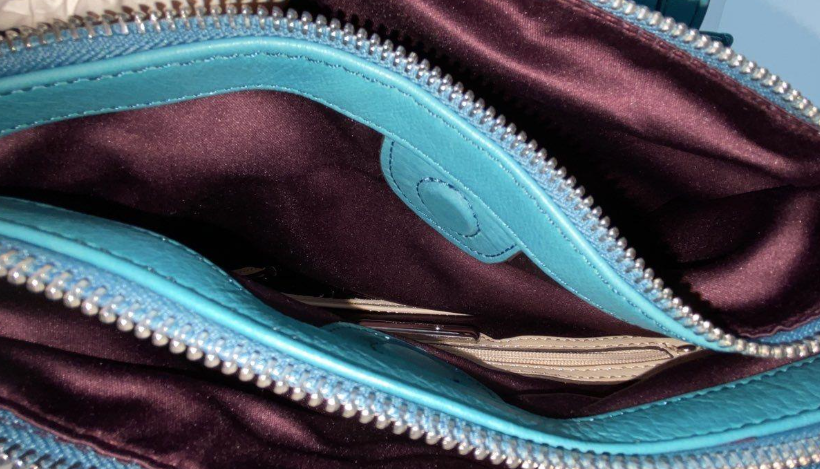 (SOLD) B. Makowsky Turquoise Leather Hobo Bag Plum Satin Interior Shoulder Bag Statement Color