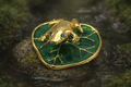 Articulated Frog on Lily Pad Pin – Gold Tone Figural Brooch with Green Enamel