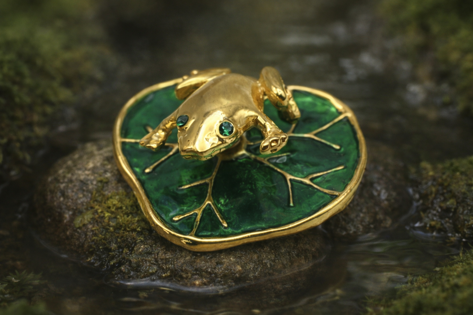 Articulated Frog on Lily Pad Pin – Gold Tone Figural Brooch with Green Enamel