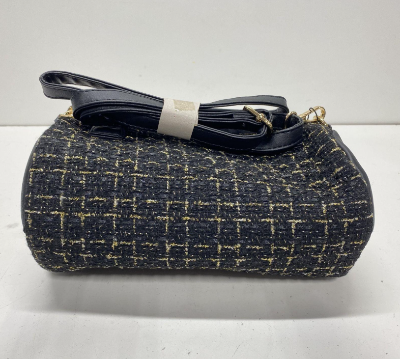 Badgley Mischka New York Black Tweed Plaid Crossbody Bag Gold Hardware Adjustable Strap Like New