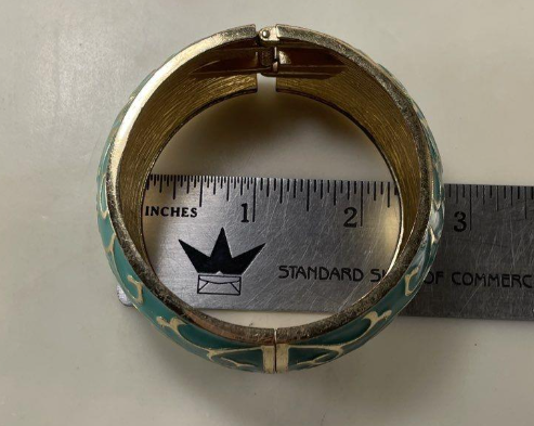 Vintage Gold-Tone Turquoise Enamel Hinged Cuff Bracelet with Scrollwork Design