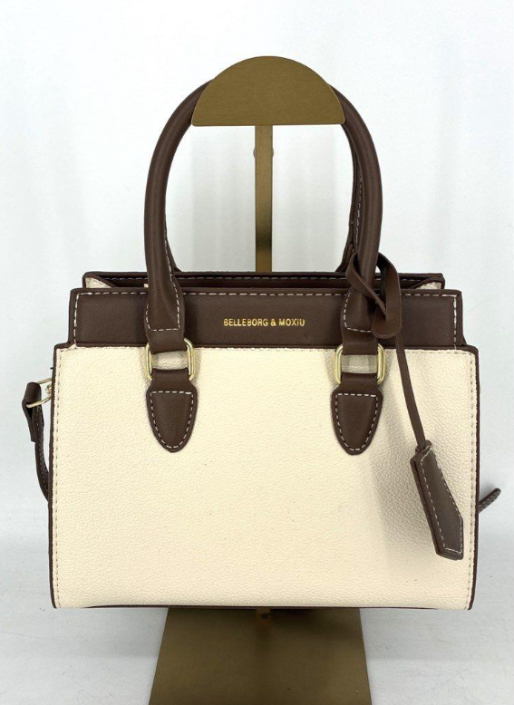 Chic Cream & Brown Mini Structured Satchel Crossbody | Elegant Neutral Colorblock Handbag 8.75”
