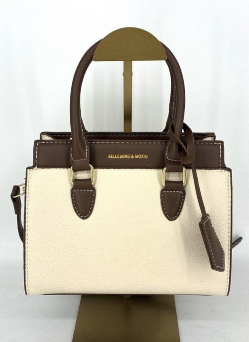 Chic Cream & Brown Mini Structured Satchel Crossbody | Elegant Neutral Colorblock Handbag 8.75”