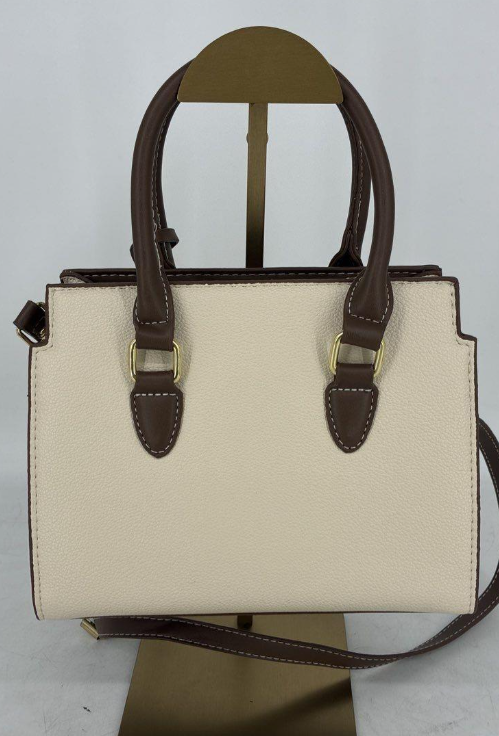 Chic Cream & Brown Mini Structured Satchel Crossbody | Elegant Neutral Colorblock Handbag 8.75”