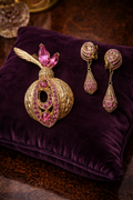 Vintage Bellini Gold-Tone Pink Rhinestone Feather Brooch and Dangle Clip Earrings Set