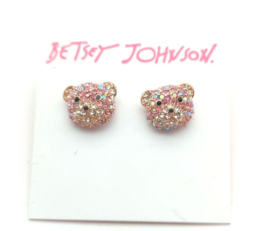 Betsey Johnson Pink Aurora Borealis Teddy Bear Stud Earrings | Crystal Gold Tone Novelty Jewelry