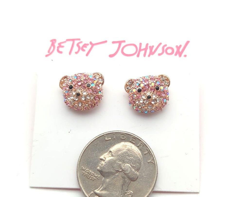 Betsey Johnson Pink Aurora Borealis Teddy Bear Stud Earrings | Crystal Gold Tone Novelty Jewelry