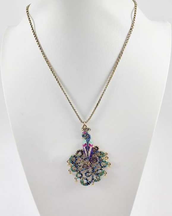 Betsey Johnson Crystal Peacock Pendant Necklace Gold Tone Blue Purple Pave Rhinestone Statement