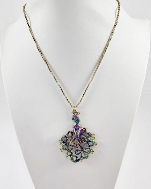 Betsey Johnson Crystal Peacock Pendant Necklace | Gold Tone Blue Purple Rhinestone Statement Necklace