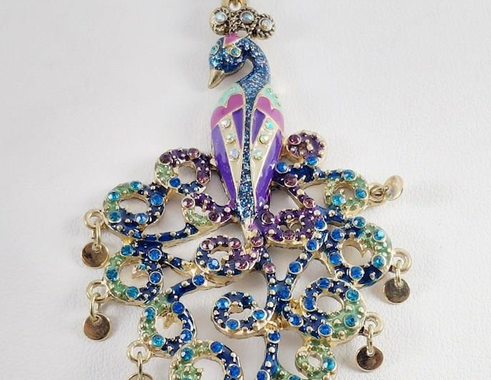 Betsey Johnson Crystal Peacock Pendant Necklace Gold Tone Blue Purple Pave Rhinestone Statement