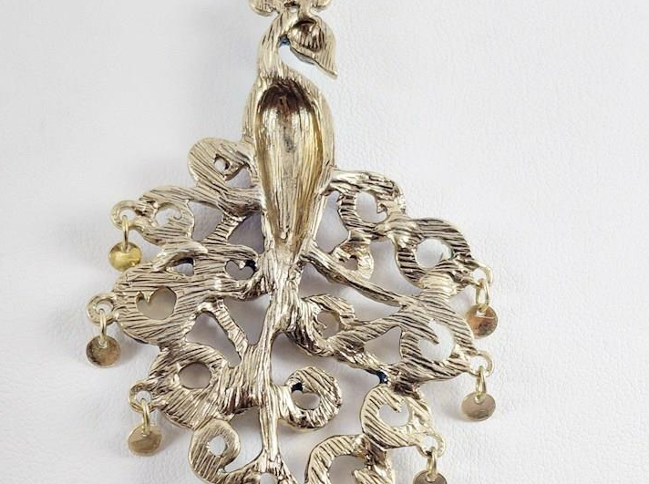 Betsey Johnson Crystal Peacock Pendant Necklace Gold Tone Blue Purple Pave Rhinestone Statement