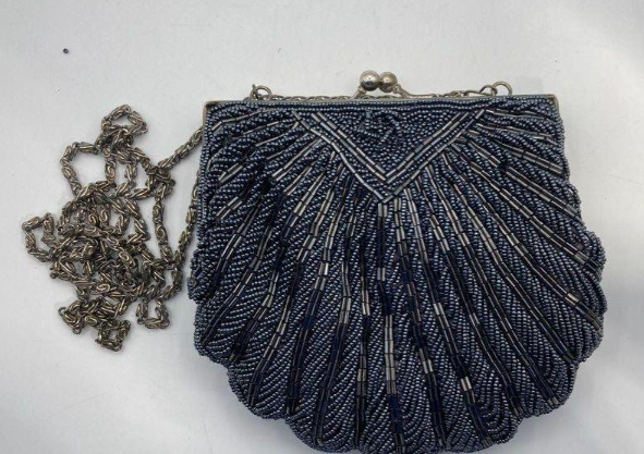 La Regale Vintage Black Beaded Evening Bag with Chain Strap Small Formal Purse