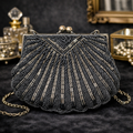 La Regale Vintage Black Beaded Evening Bag with Chain Strap Small Formal Purse
