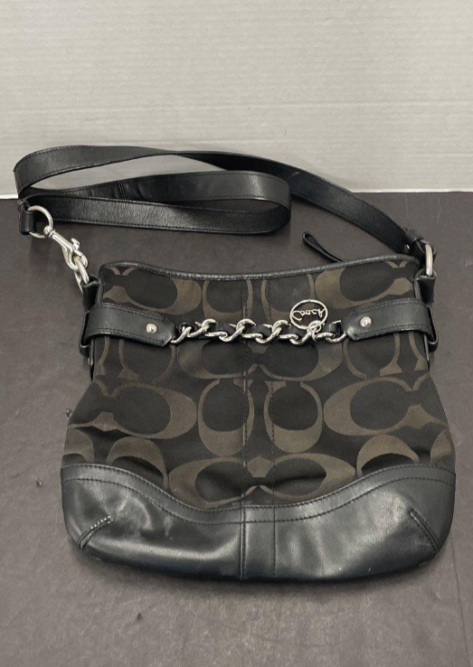 Coach Signature C Canvas Crossbody Bag | Black Leather Trim Chain Accent Shoulder Purse