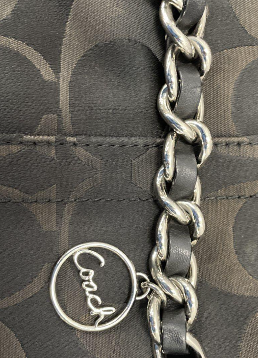 Coach Signature C Canvas Crossbody Bag | Black Leather Trim Chain Accent Shoulder Purse