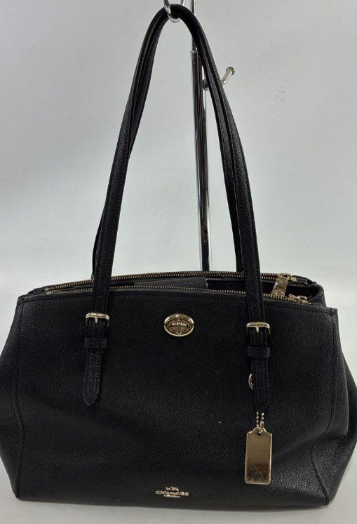 Coach Turnlock Carryall Black Pebbled Leather Shoulder Bag | Gold Hardware Structured Tote Purse