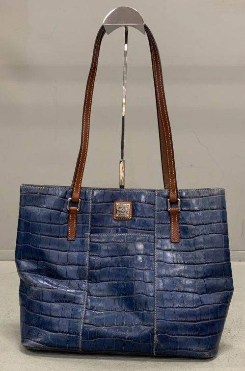 Dooney & Bourke Blue Croc Embossed Leather Tote Bag | Red Lined Designer Shoulder Carryall