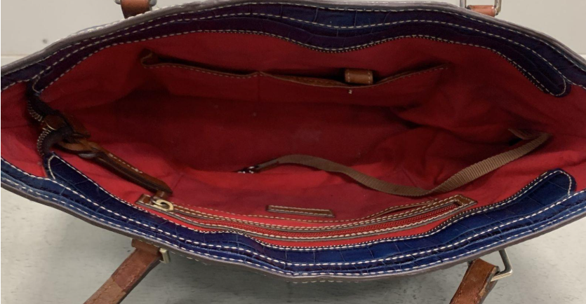 Dooney & Bourke Blue Croc Embossed Leather Tote Bag | Red Lined Designer Shoulder Carryall