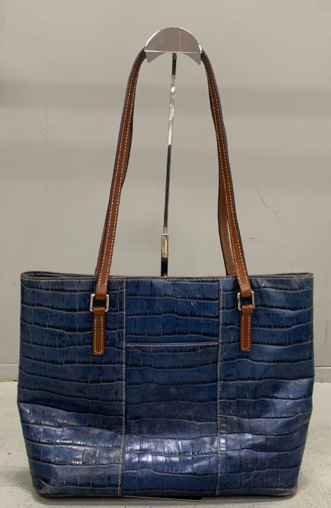 Dooney & Bourke Blue Croc Embossed Leather Tote Bag | Red Lined Designer Shoulder Carryall