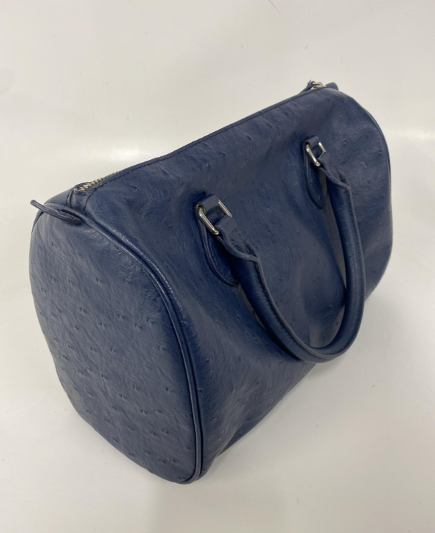 Brooks Brothers Blue Barrel Satchel Handbag Ostrich Texture Finish Top Zip