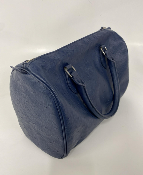 Brooks Brothers Blue Barrel Satchel Handbag Ostrich Texture Finish Top Zip