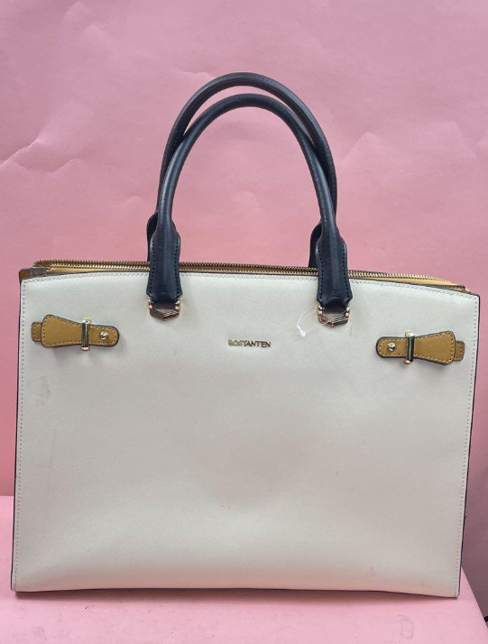 Bostanten Mizuki Classic Briefcase Tote Bag White With Navy Handles Zip Top
