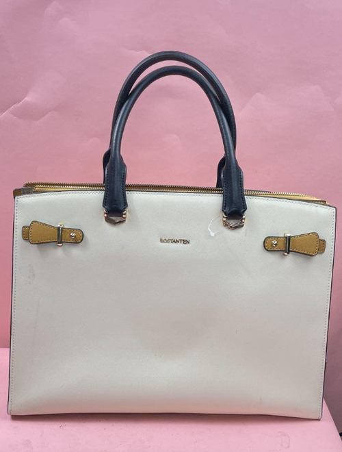 Bostanten Mizuki Classic Briefcase Tote Bag White With Navy Handles Zip Top